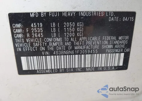 2015 Subaru Legacy 2.5I Limited from USA, damaged, VIN 4S3BNBN61F3059455